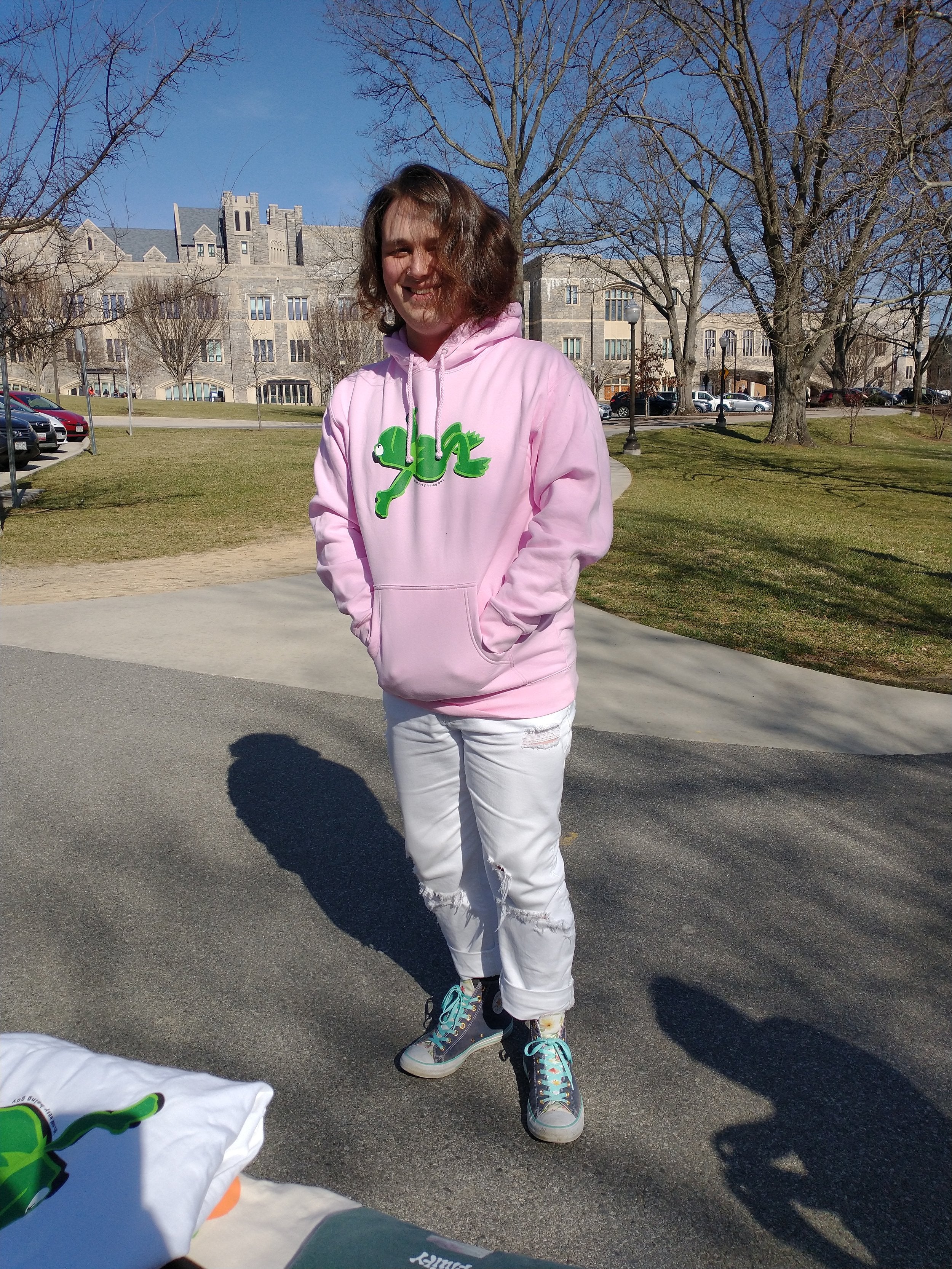 Smiling Pink Kermit Frog Hoodie It's Not Easy Being Gay Subtle Gay Pride Queer Fashion LGBTQ Clothing Inclusive Apparel
