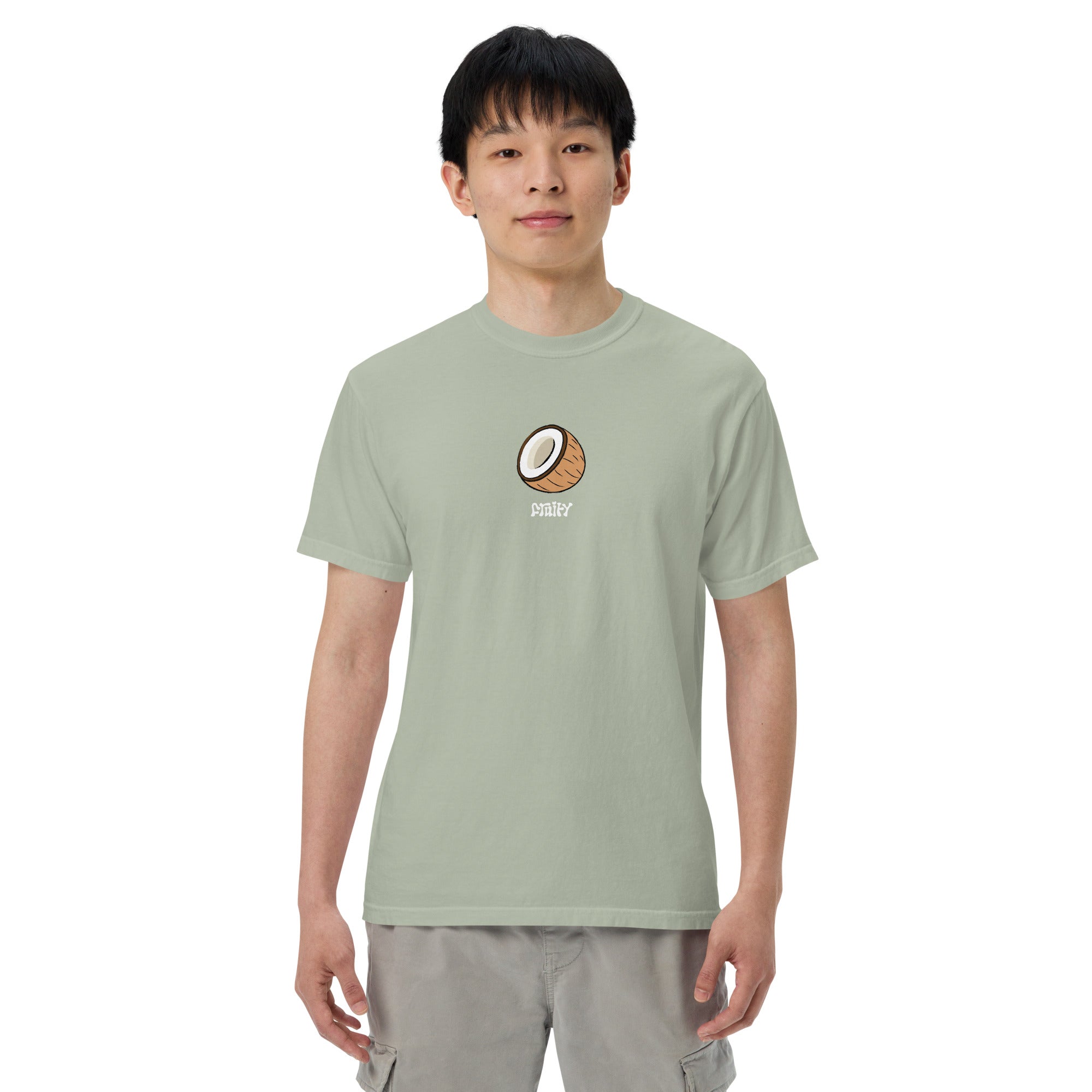 Coconut Fruity Shirt Model White Background Bay Light Green Sage T-Shirt Subtle Gay Pride Queer Fashion LGBTQ Clothing Inclusive Gay Apparel Gay Clothing