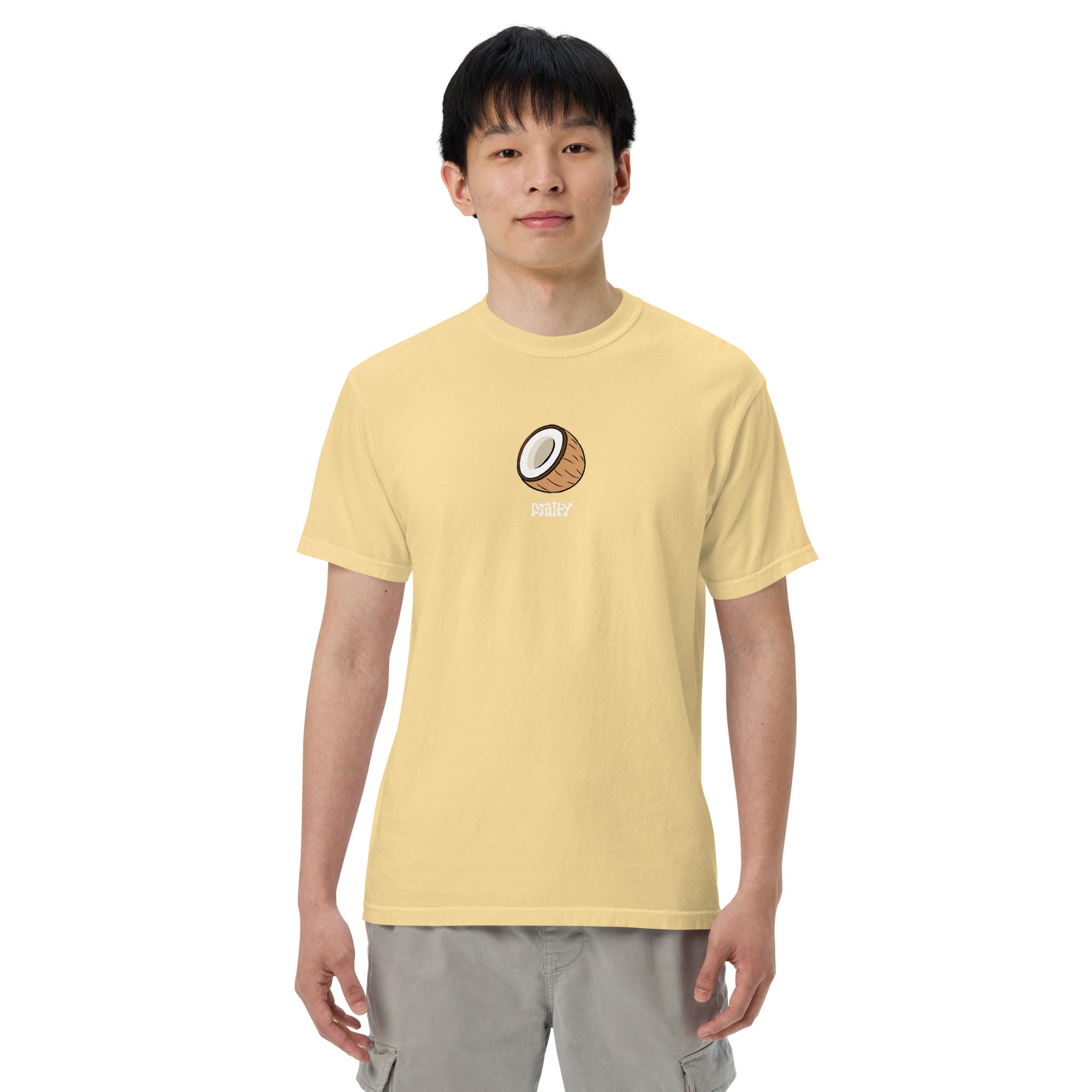 Coconut Fruity Shirt Model Smiling White Background Butter Yellow T-Shirt Subtle Gay Pride Queer Fashion LGBTQ Clothing Inclusive Gay Apparel Gay Clothing