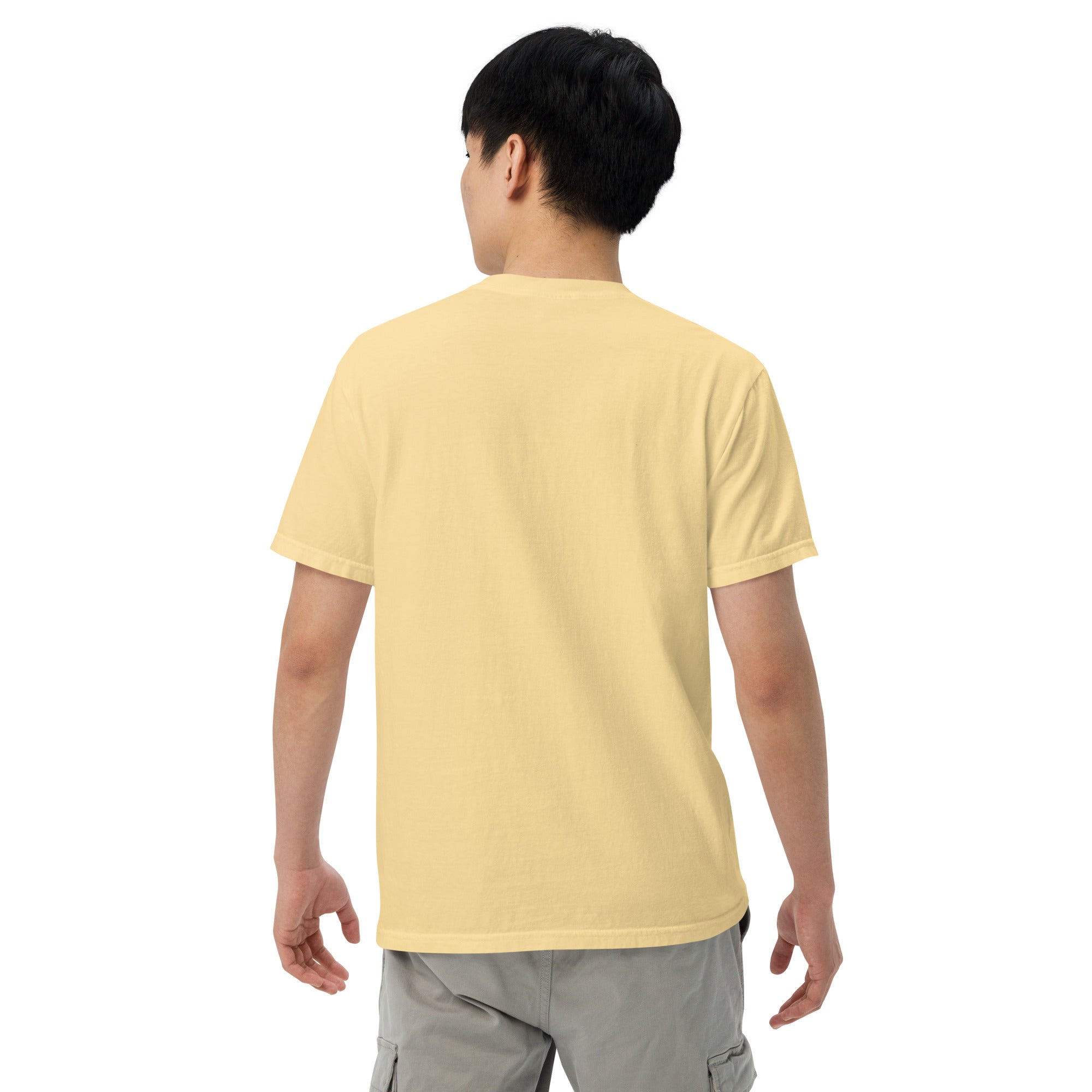 Coconut Fruity Shirt Model Turned Around White Background Butter Yellow T-Shirt Subtle Gay Pride Queer Fashion LGBTQ Clothing Inclusive Gay Apparel Gay Clothing