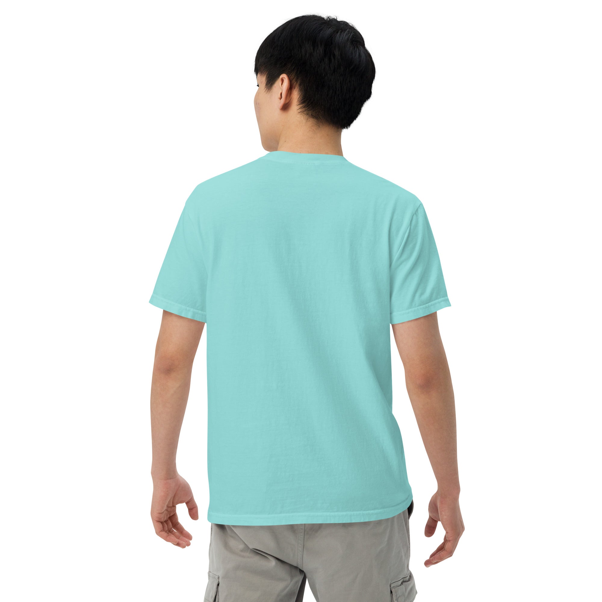 Coconut Fruity Shirt Model Turned Around White Background Lagoon Blue T-Shirt Subtle Gay Pride Queer Fashion LGBTQ Clothing Inclusive Gay Apparel Gay Clothing