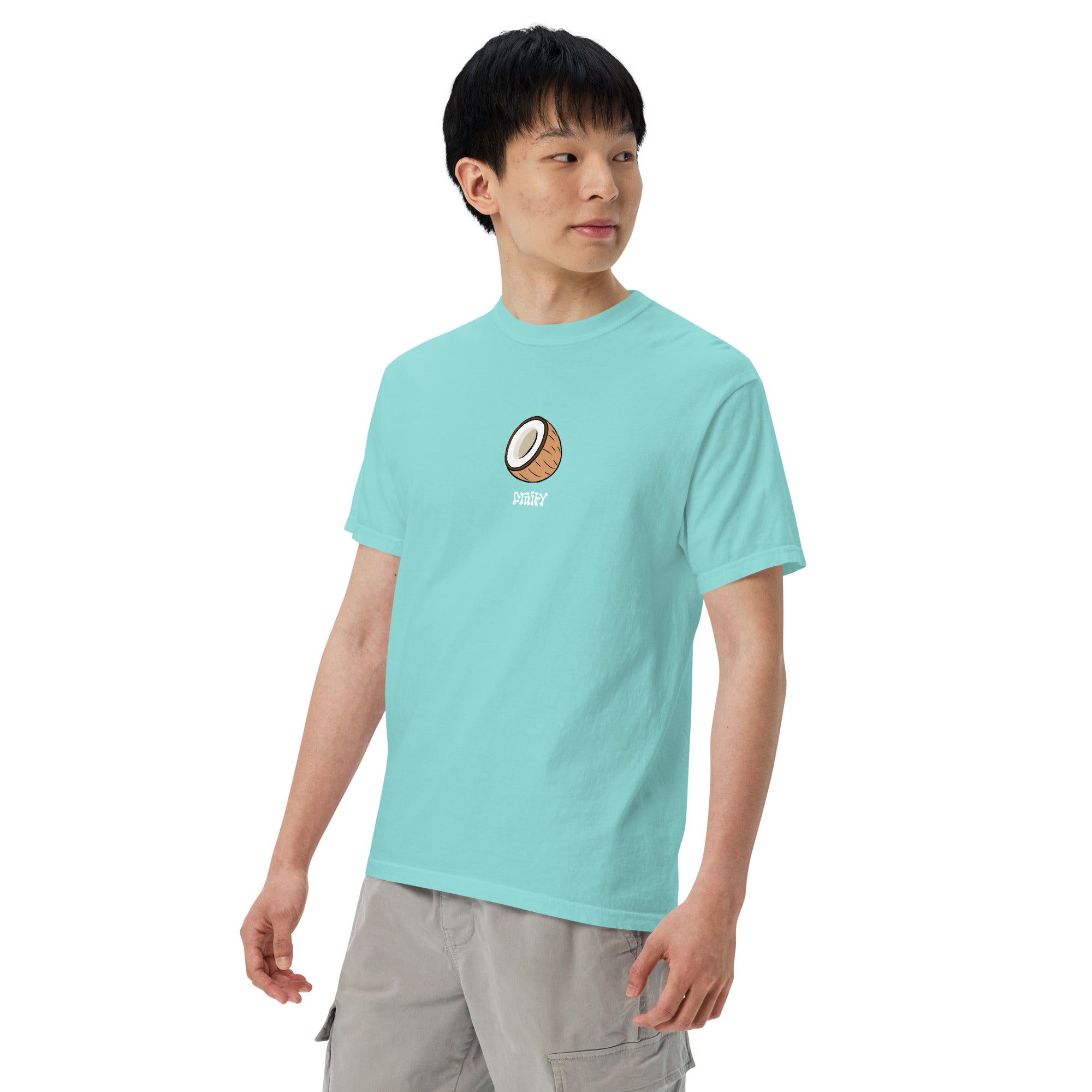 Coconut Fruity Shirt Model White Background Lagoon Blue T-Shirt Subtle Gay Pride Queer Fashion LGBTQ Clothing Inclusive Gay Apparel Gay Clothing