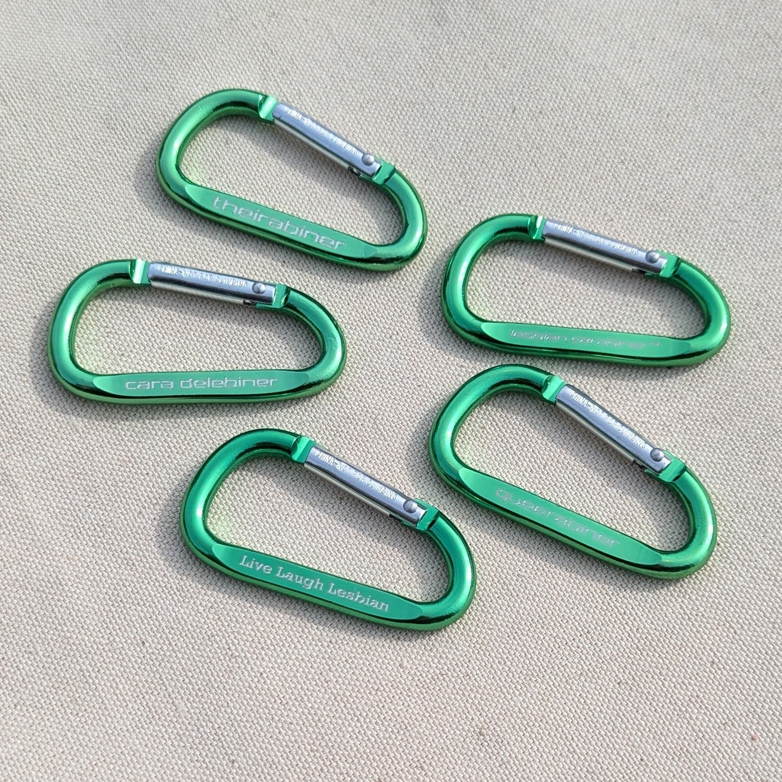 Green Black Live laugh lesbian lesbian carabiner queerabiner theirabiner cara delebiner five clip keychain Subtle Gay Pride Queer Fashion LGBTQ Clothing Inclusive Apparel