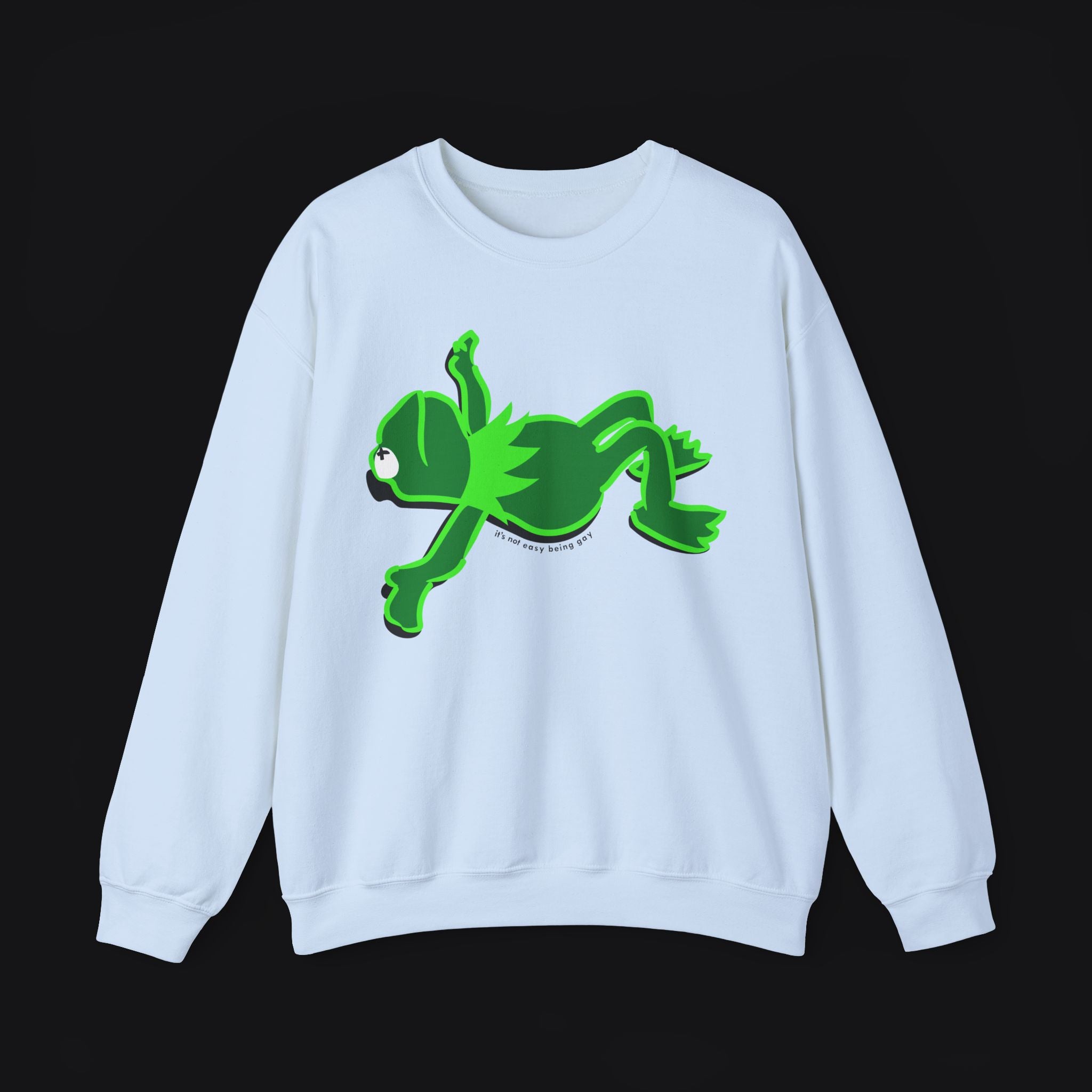 Kermit Frog Light Blue Sweatshirt Black Background  It's Not Easy Being Gay Subtle Gay Pride Queer Fashion LGBTQ Clothing Inclusive Apparel