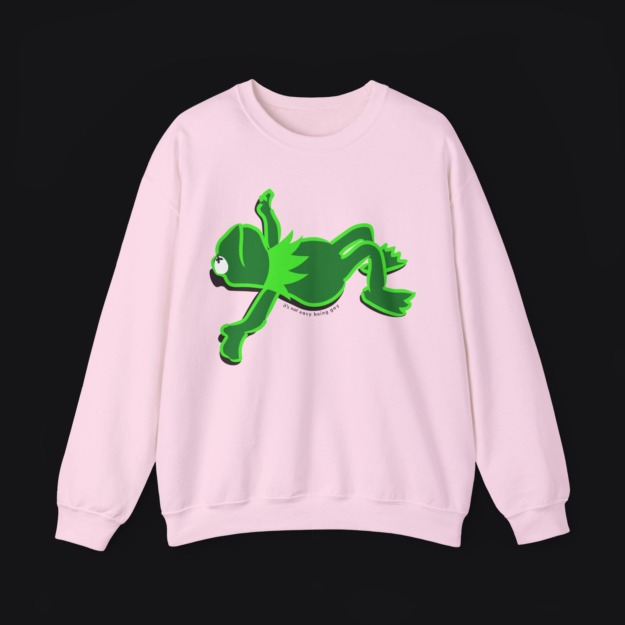 Kermit Frog Light Pink Sweatshirt Black Background  It's Not Easy Being Gay Subtle Gay Pride Queer Fashion LGBTQ Clothing Inclusive Apparel
