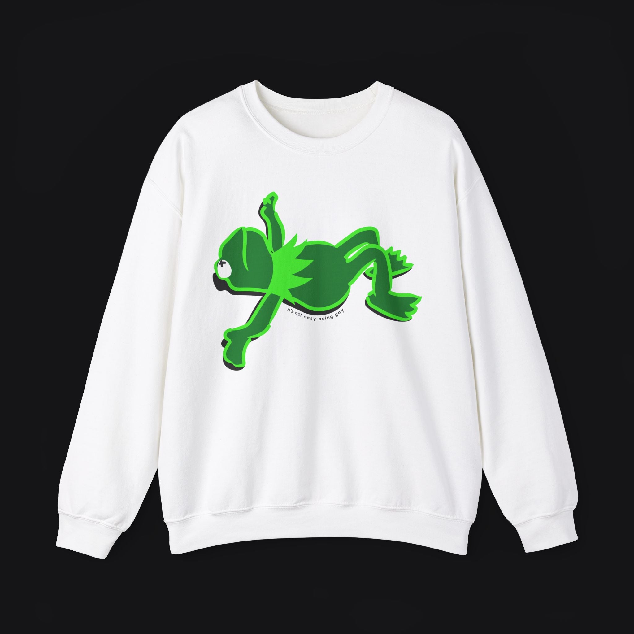 Kermit Frog White Sweatshirt Black Background  It's Not Easy Being Gay Subtle Gay Pride Queer Fashion LGBTQ Clothing Inclusive Apparel