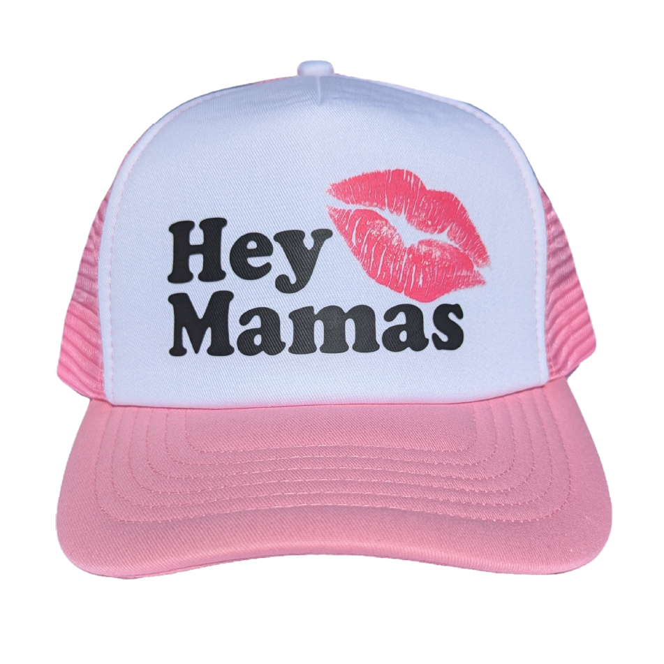 Pink Hey Mamas Trucker Hat Subtle Gay Pride Queer Fashion LGBTQ Clothing Inclusive Apparel