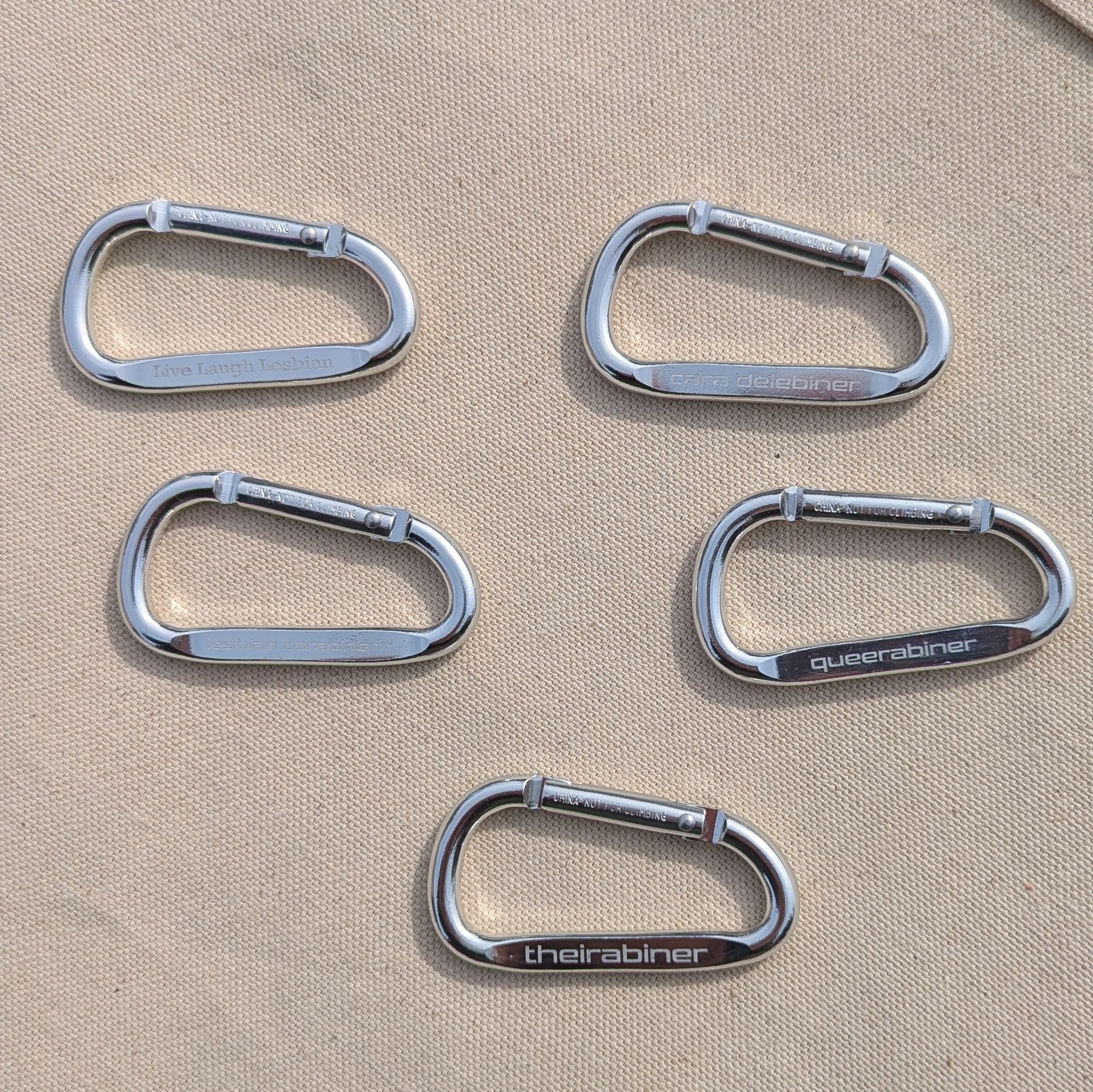 Silver Live laugh lesbian lesbian carabiner queerabiner theirabiner cara delebiner five clip keychain Subtle Gay Pride Queer Fashion LGBTQ Clothing Inclusive Apparel