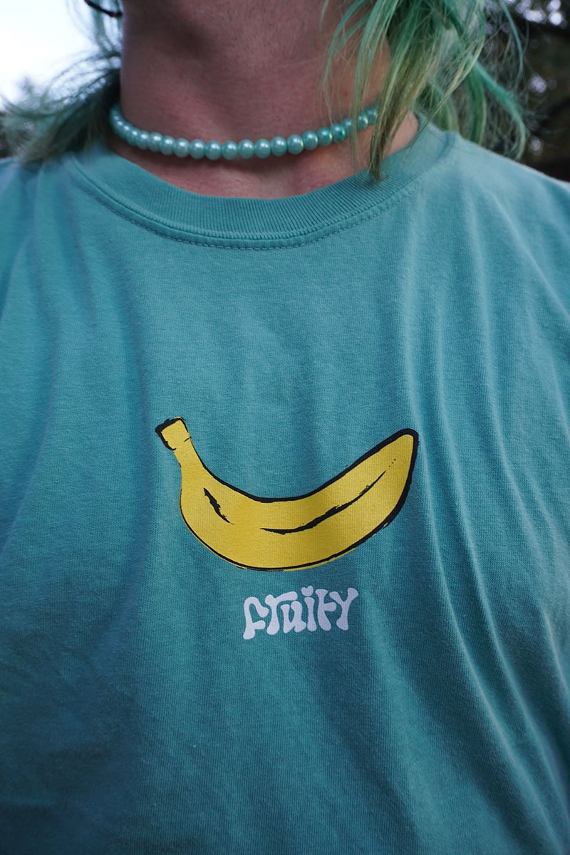 Banana Fruity Shirt Outside Blue Necklace Blue Teal T-Shirt Subtle Gay Pride Queer Fashion LGBTQ Clothing Inclusive Apparel