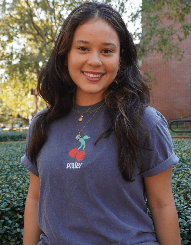 Cherry Fruity Shirt Outside Bush Standing Smiling Denim T-Shirt Subtle Gay Pride Queer Fashion LGBTQ Clothing Inclusive Apparel