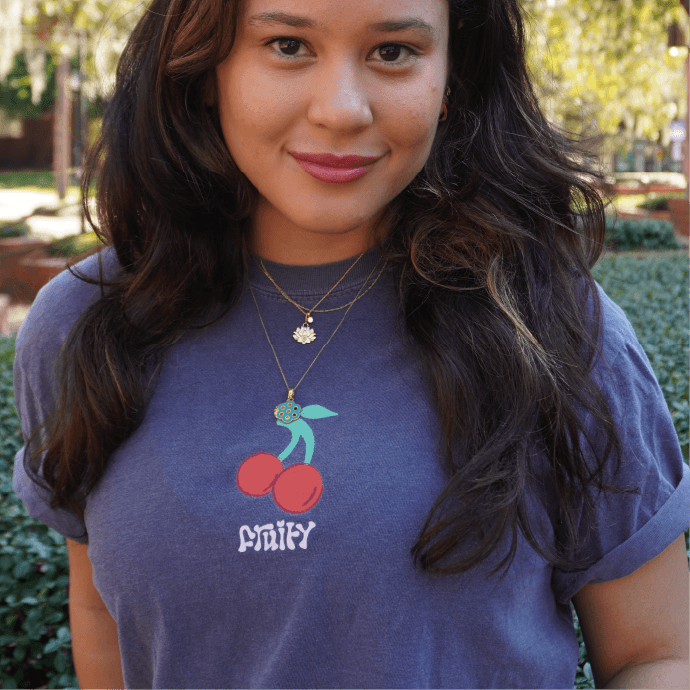 Cherry Fruity Shirt Outside Garden Denim T-Shirt Subtle Gay Pride Queer Fashion LGBTQ Clothing Inclusive Apparel