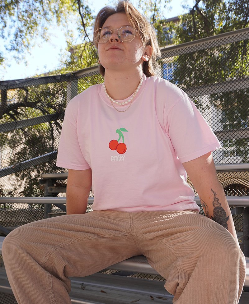 Cherry Fruity Shirt Outside Bleachers Light Pink T-Shirt Subtle Gay Pride Queer Fashion LGBTQ Clothing Inclusive Apparel